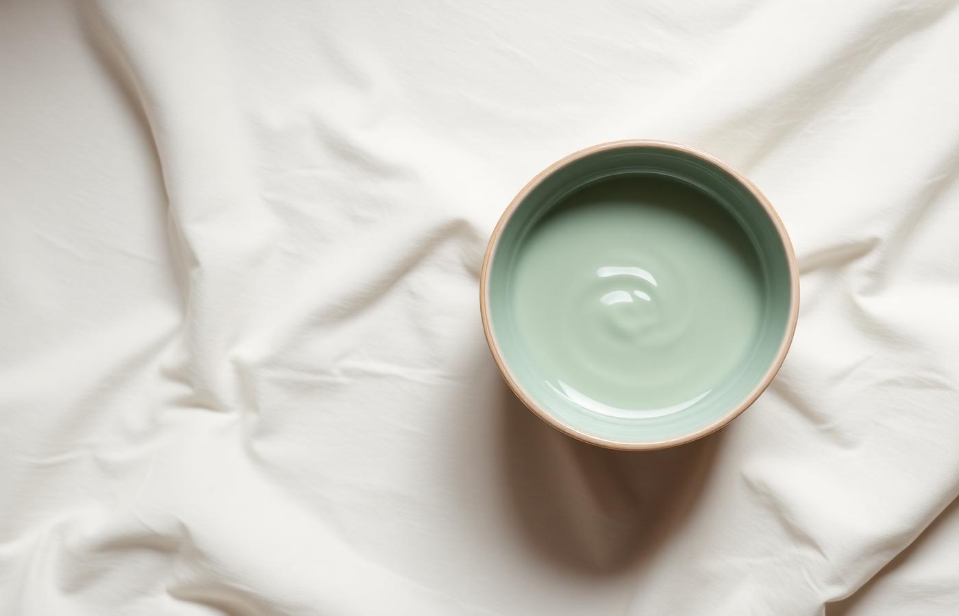 Sage ceramic bowl of water on linen